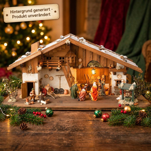Stimmungsvolle Weihnachtskrippe Gotthard dunkel inkl. 12-tlg. Figurensatz K 001, Maße Krippe: ca. 90 x 40 x 40 cm